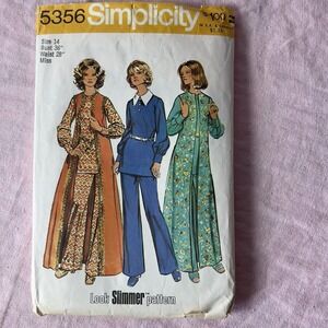 Simplicity Pattern 5356 Long Duster Vest, Flared Pants Size 14 1970's‎ Sewing